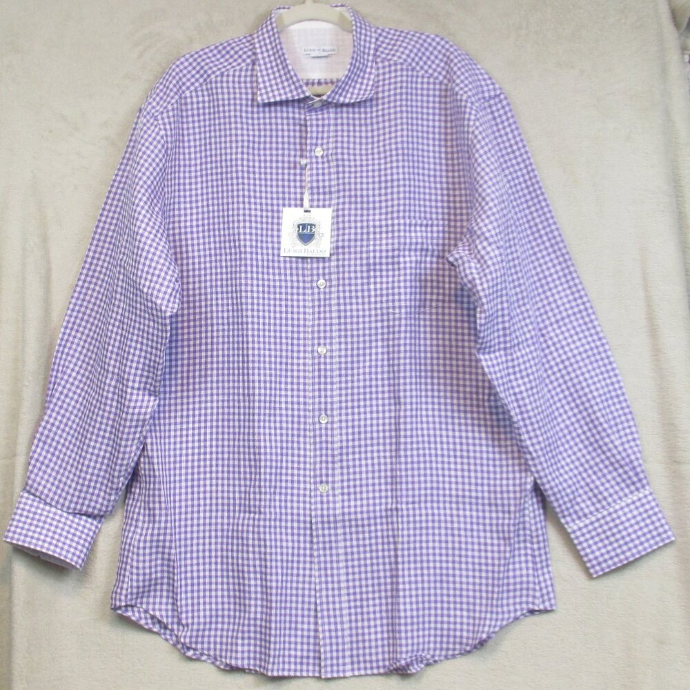 NWT Luigi Baldo Italian Linen Purple White Gingham Pocket XXL Button-Up Shirt